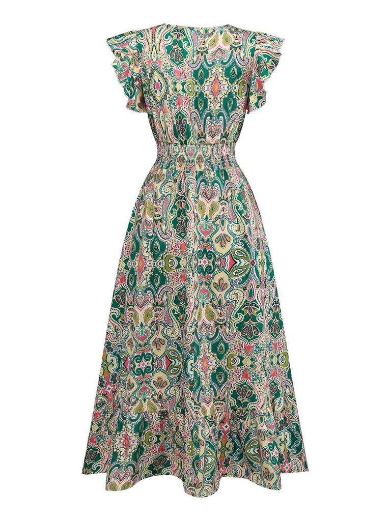 1970s V-Neck Paisley Print Ruffed Sleeve Dress - vintage dress, retro fashion