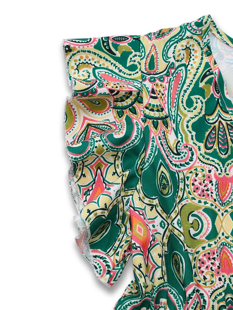 1970s V-Neck Paisley Print Ruffed Sleeve Dress - vintage dress, retro fashion
