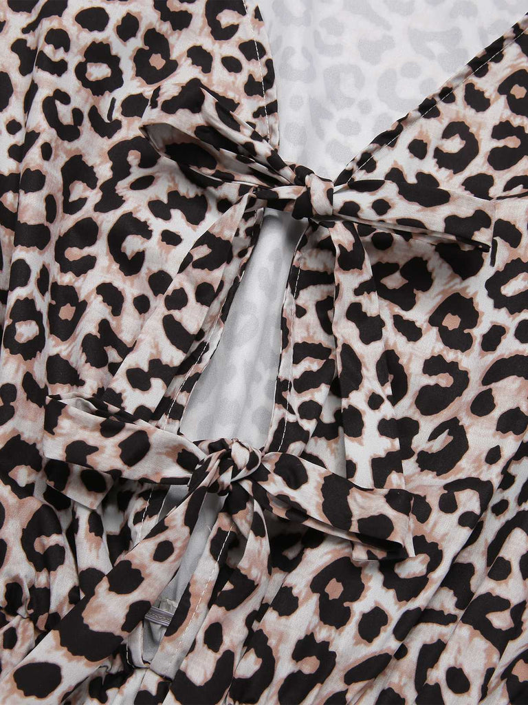 This 1970s V-Neck Puff Sleeve Leopard Jumpsuit whispers 1970s secrets to those who notice