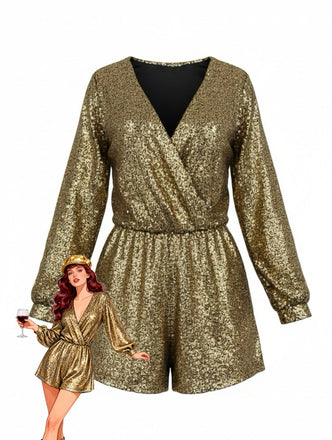 1970s V-Neck Sequin Long Sleeve Romper - vintage jumpsuit, retro fashion