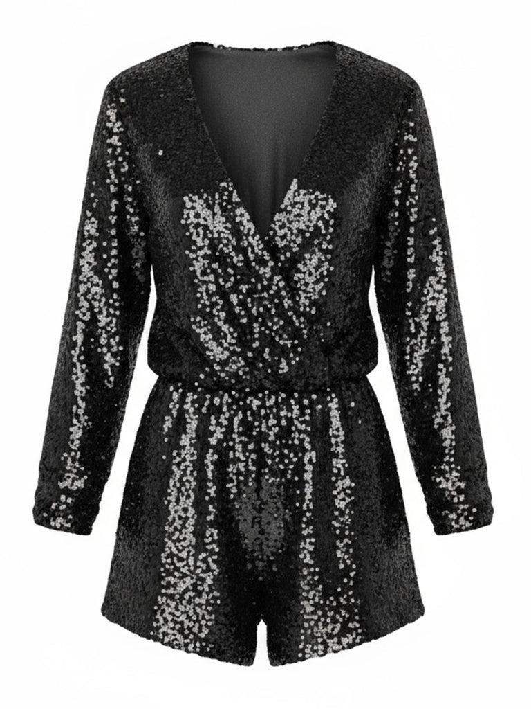 1970s V-Neck Sequin Long Sleeve Romper - vintage jumpsuit, retro fashion