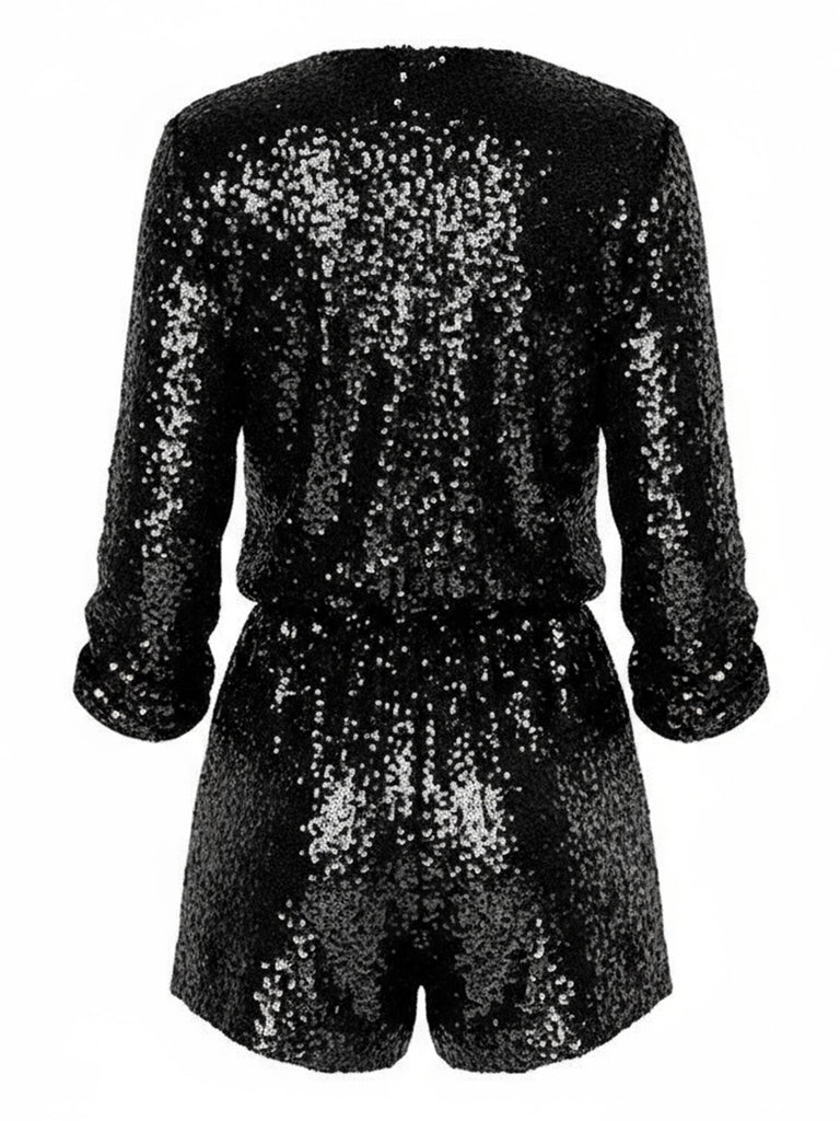 1970s V-Neck Sequin Long Sleeve Romper - vintage jumpsuit, retro fashion