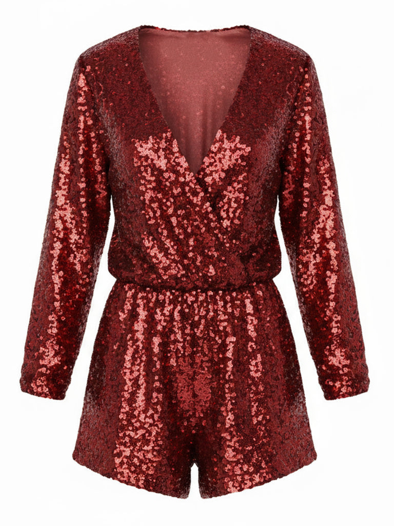 1970s V-Neck Sequin Long Sleeve Romper - vintage jumpsuit, retro fashion