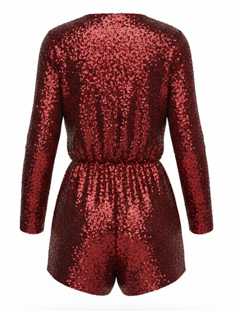 1970s V-Neck Sequin Long Sleeve Romper - vintage jumpsuit, retro fashion