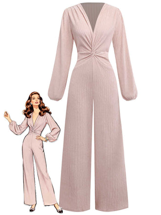 1970s V-Neck Solid Twist Long Sleeve Jumpsuit - vintage jumpsuit, retro fashion
