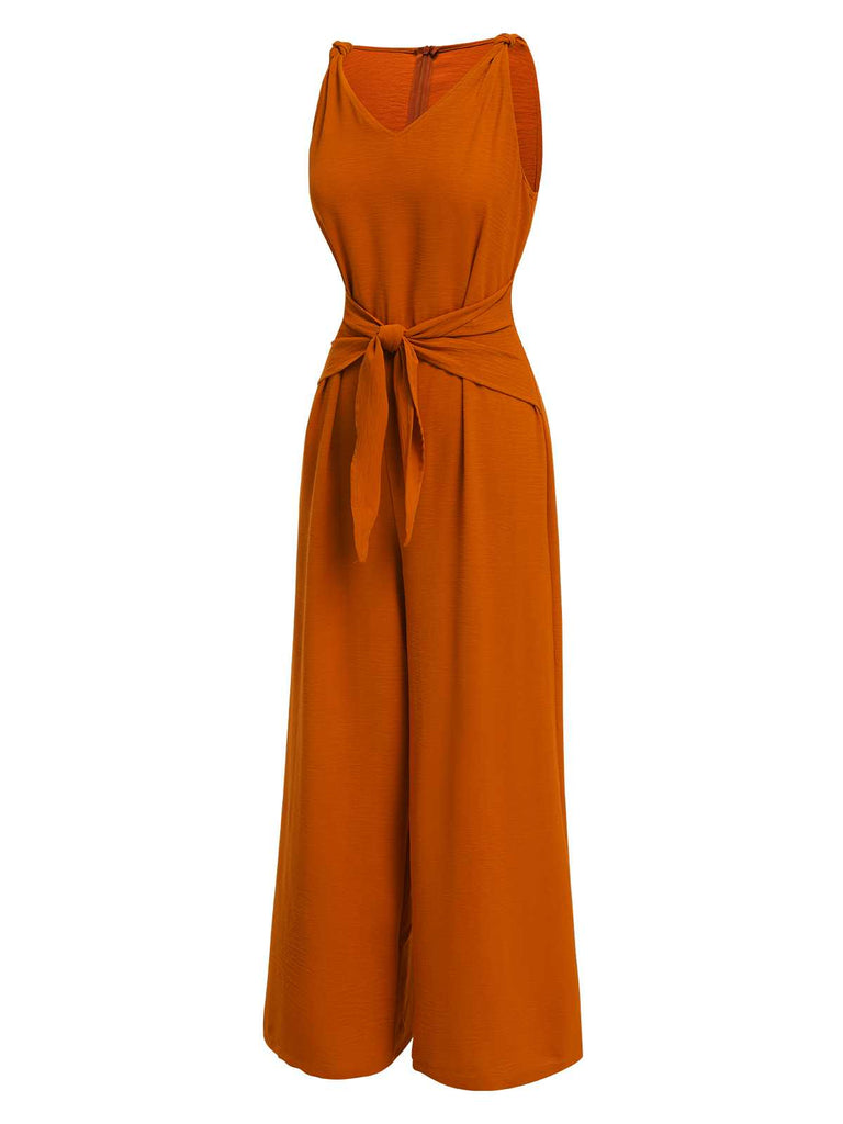 This 1970s V-Neck Tie-Front Solid Jumpsuit whispers 1970s secrets to those who notice