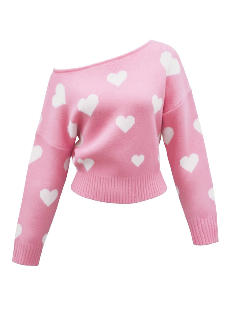 1970s Valentine Heart Asymmetrical Shoulder Pullover Sweater - vintage fashion, retro style