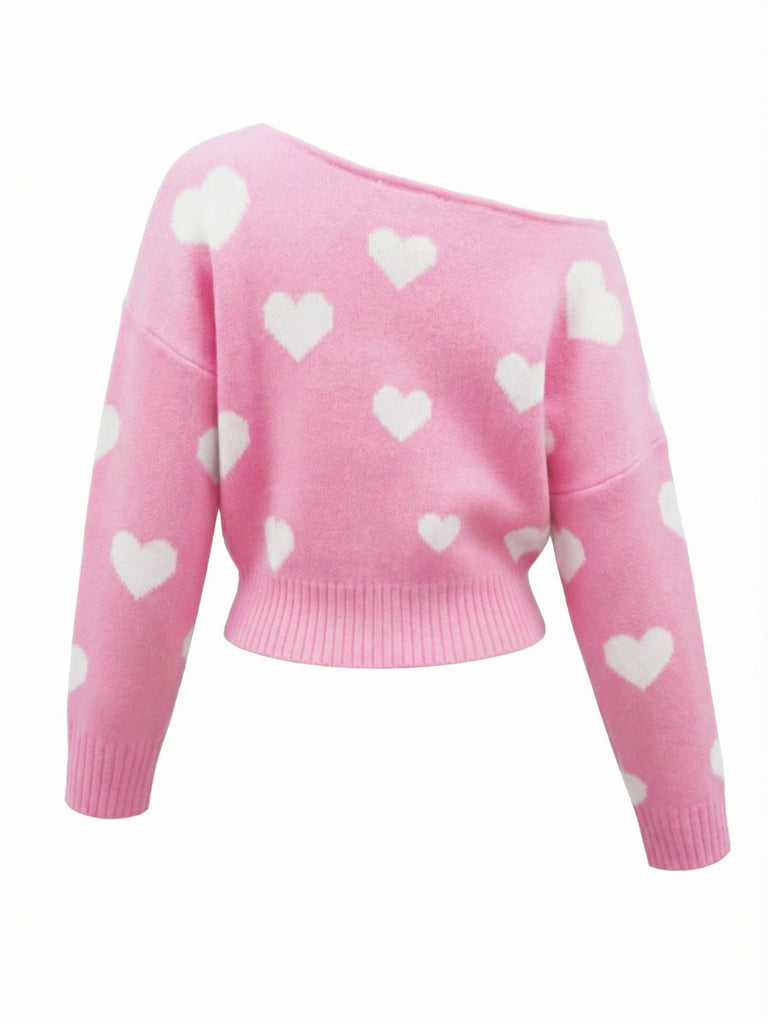 1970s Valentine Heart Asymmetrical Shoulder Pullover Sweater - vintage fashion, retro style