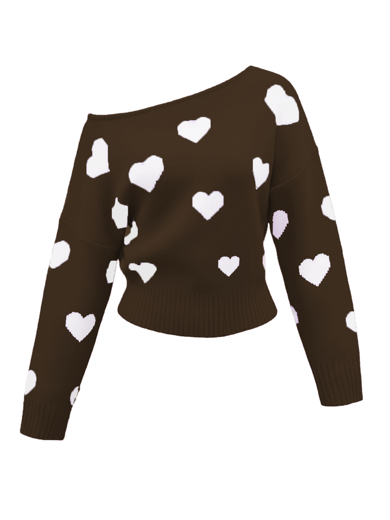 1970s Valentine Heart Asymmetrical Shoulder Pullover Sweater - vintage fashion, retro style