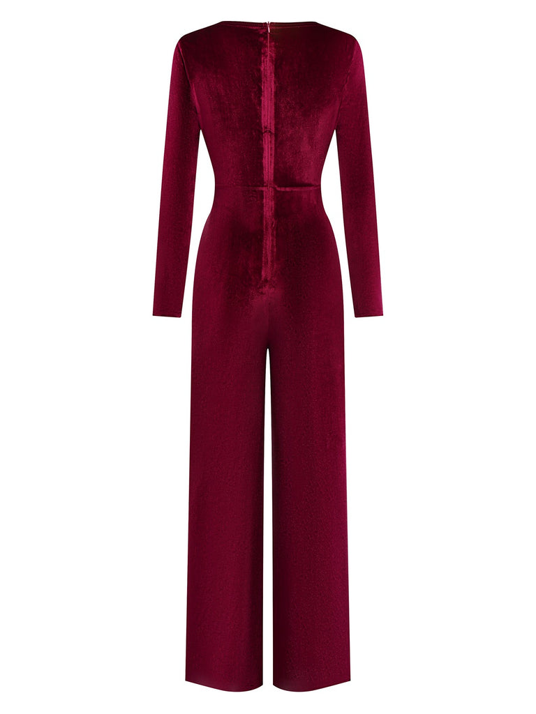 1970s Velvet Deep V-Neck Long Sleeve Jumpsuit - vintage jumpsuit, retro fashion