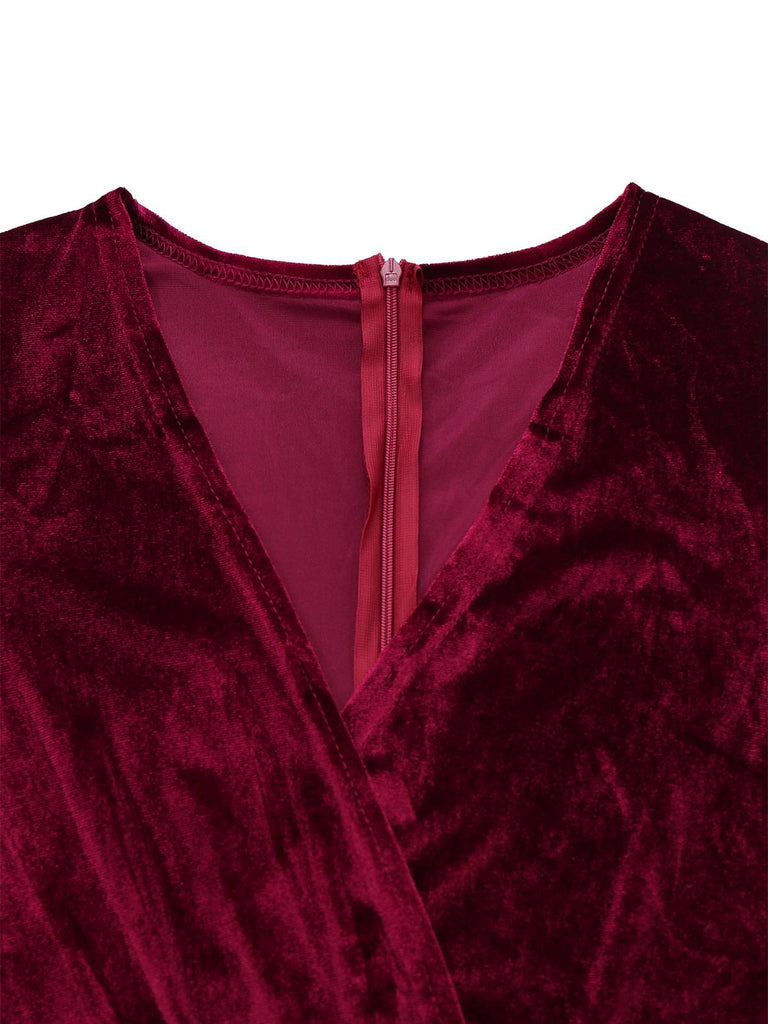 1970s Velvet Deep V-Neck Long Sleeve Jumpsuit - vintage jumpsuit, retro fashion