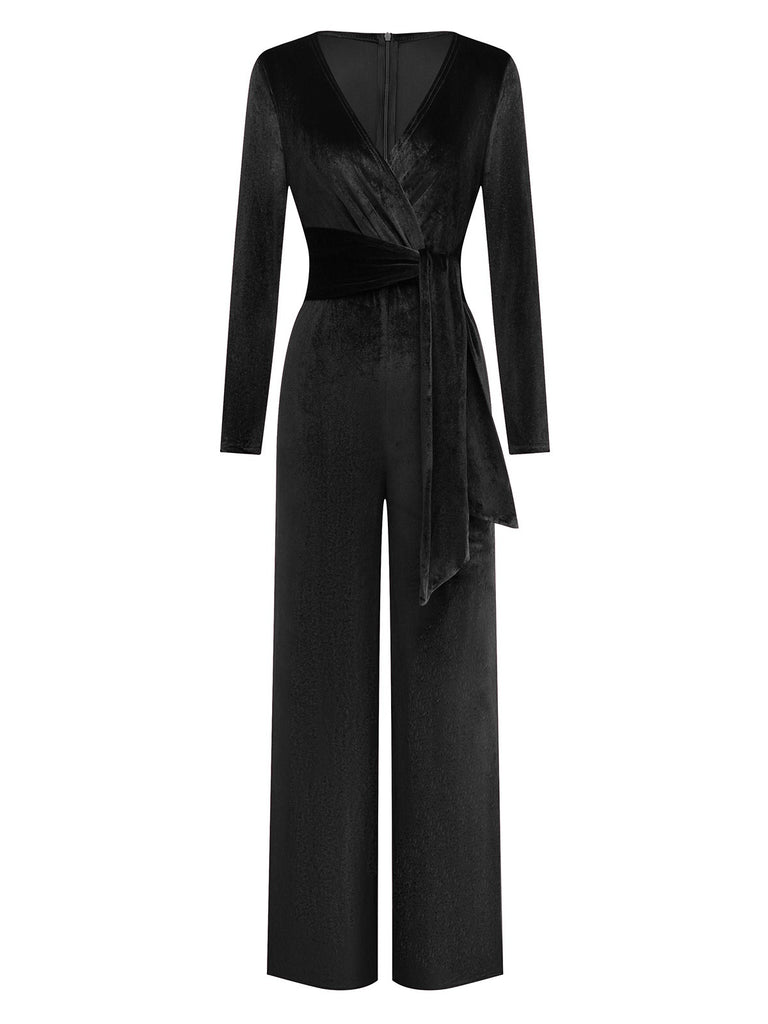 1970s Velvet Deep V-Neck Long Sleeve Jumpsuit - vintage jumpsuit, retro fashion
