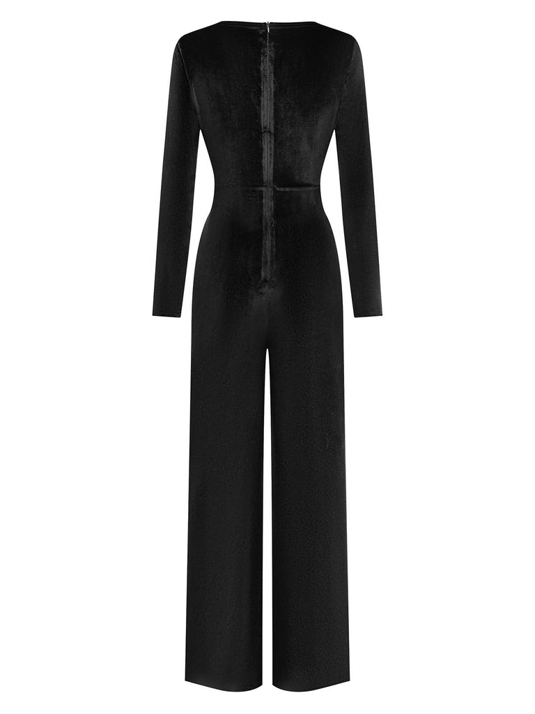 1970s Velvet Deep V-Neck Long Sleeve Jumpsuit - vintage jumpsuit, retro fashion
