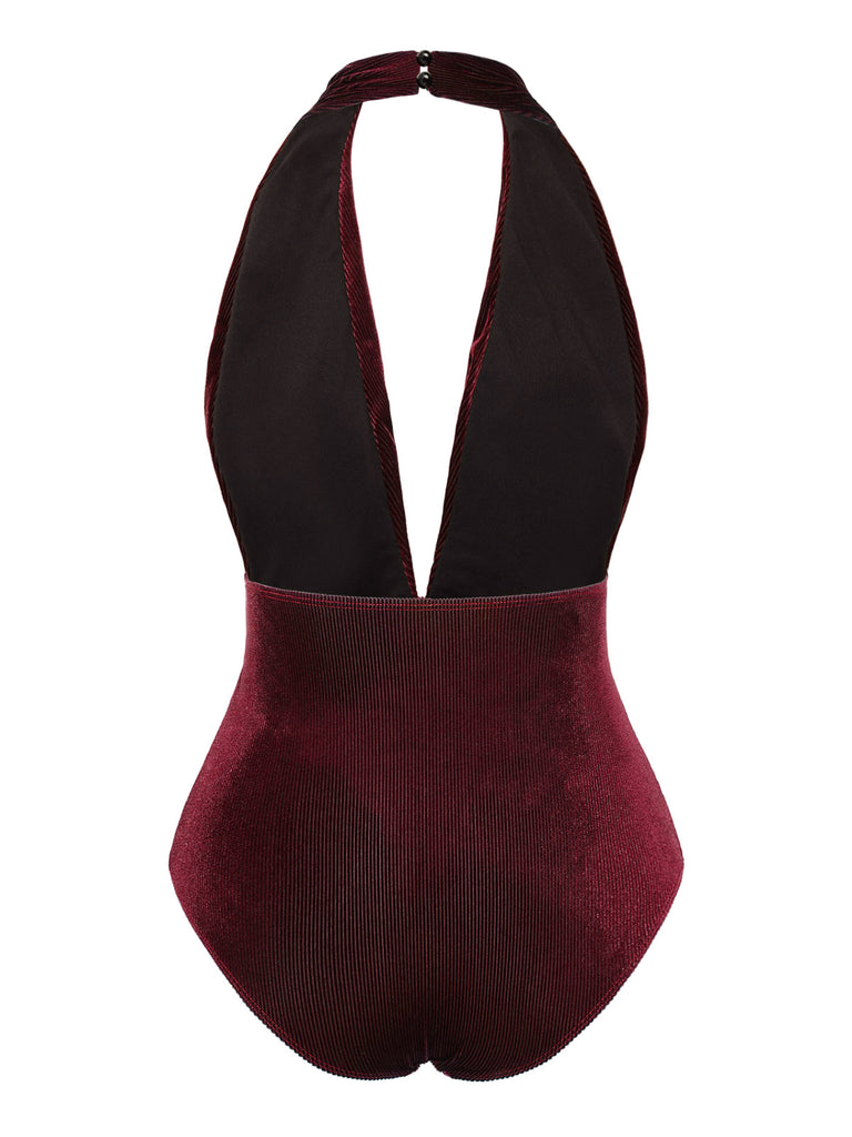 Dark 1970s Velvet Deep V-Neck Swimsuit — 1970s poolside glamour meets sun-drenched confidence
