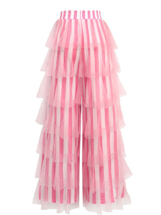 1970s Vertical Stripe Mesh Tiered Ruffle Pants - vintage fashion, retro style, elegant red