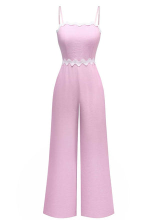 1970s Wave-Trim Spaghetti Strap Wide Leg Jumpsuit - vintage jumpsuit, retro fashion