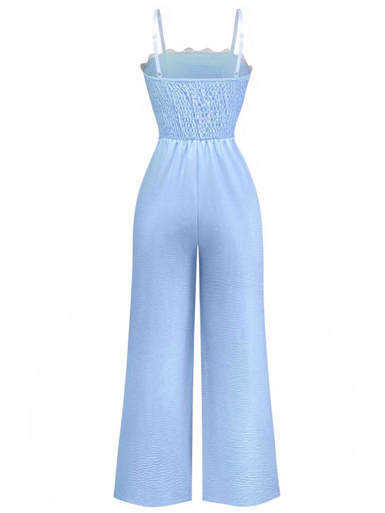 1970s Wave-Trim Spaghetti Strap Wide Leg Jumpsuit - vintage jumpsuit, retro fashion