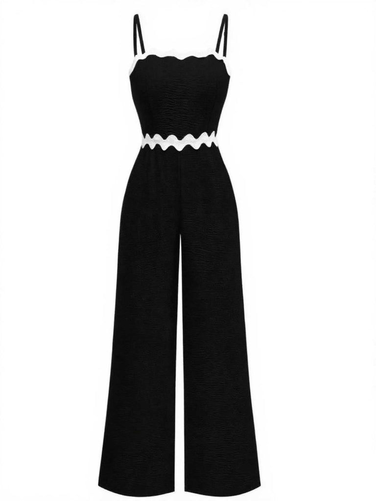 1970s Wave-Trim Spaghetti Strap Wide Leg Jumpsuit - vintage jumpsuit, retro fashion