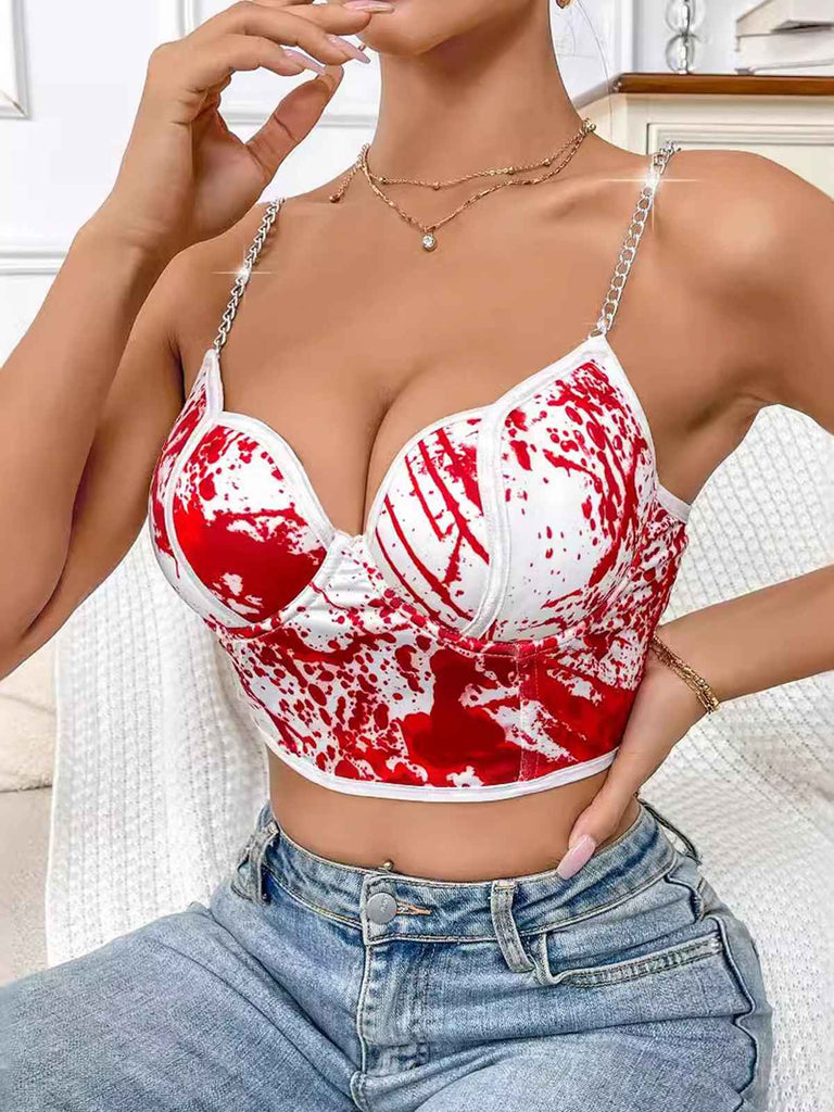 White 1970s Halloween Metal Chain Blood Spatter Crop Top - vintage fashion, retro style, pure white