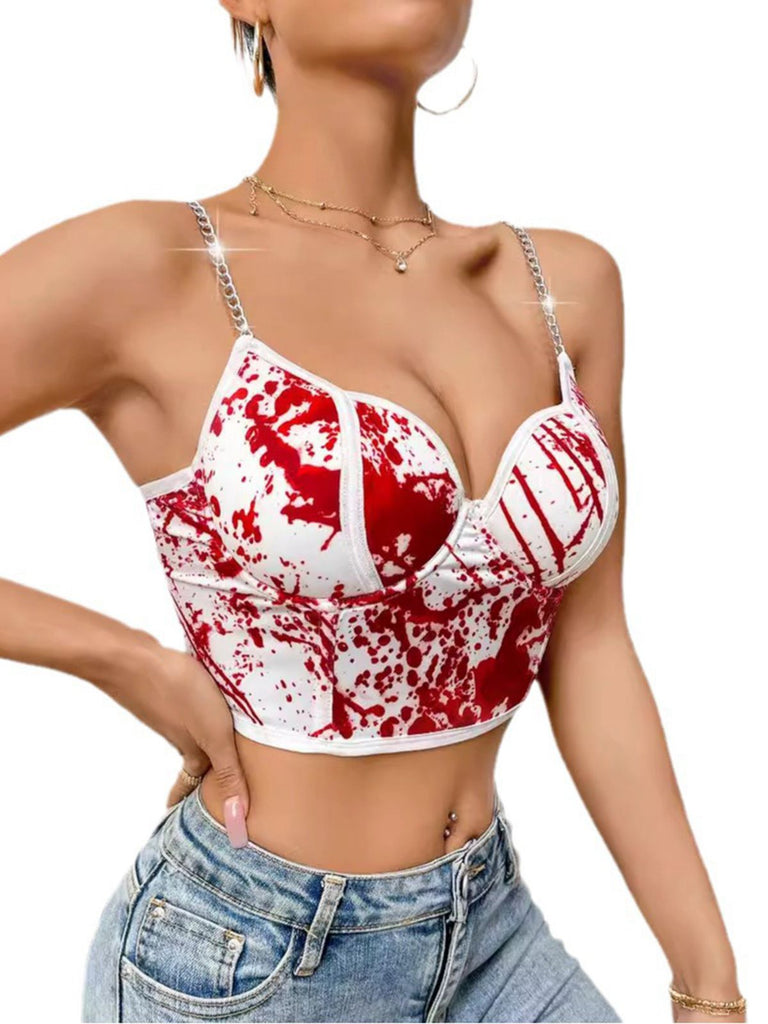 White 1970s Halloween Metal Chain Blood Spatter Crop Top - vintage fashion, retro style, pure white
