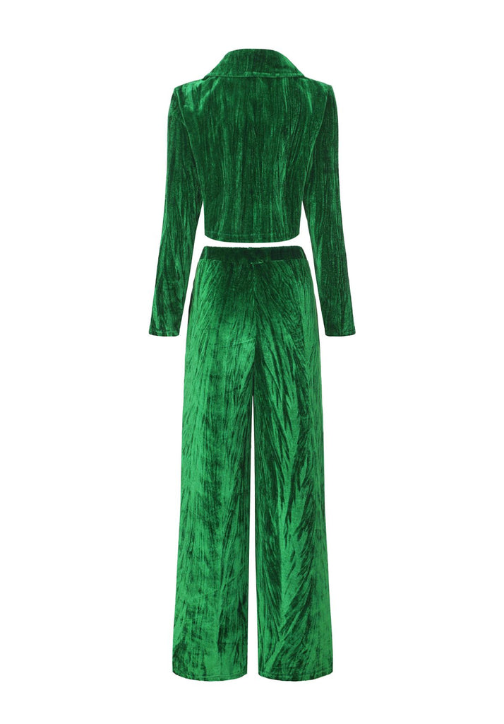 2PCS Green 1980s Solid Pleated Flannelette Blazer & Wide-Leg Pants - vintage fashion, retro style