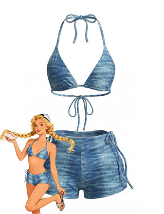 3PCS Light Blue 1980s Denim Plunging Trunks Bikini Set & Shorts - vintage fashion, retro style