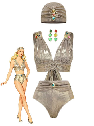 5PCS Gold 1980s Bejeweled Metallic Egyptian-Inspired Bikini Set - vintage fashion, retro style, elegant red