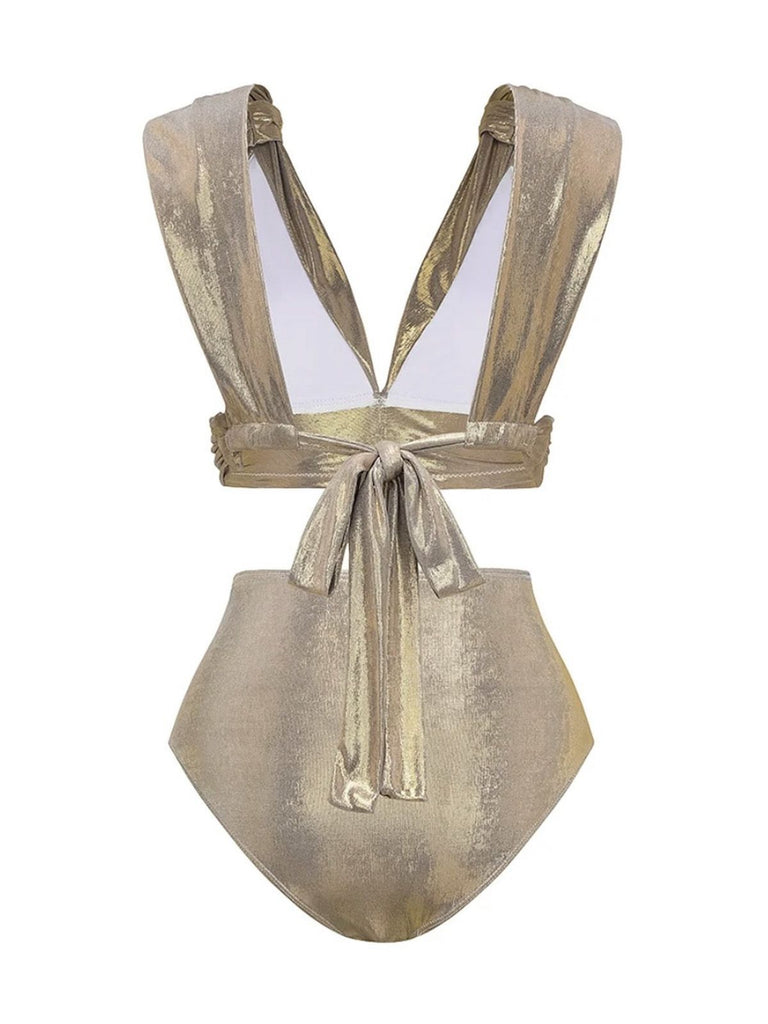5PCS Gold 1980s Bejeweled Metallic Egyptian-Inspired Bikini Set - vintage fashion, retro style, elegant red