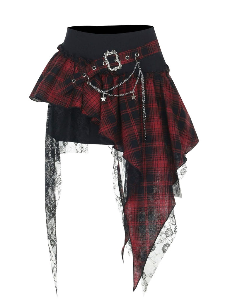 1980s Asymmetric Plaids Lace Chain Gothic Skirt - vintage skirt, retro style