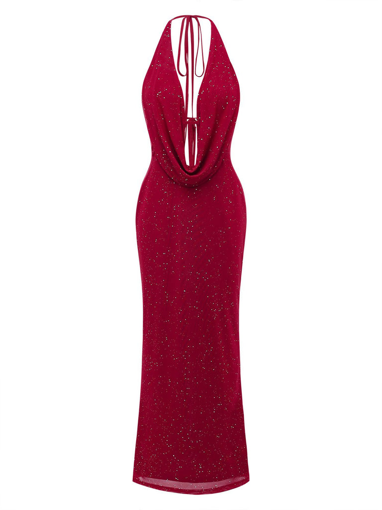 1980s Backless Cowl Glitter Halter Slit Maxi Dress - vintage dress, retro fashion
