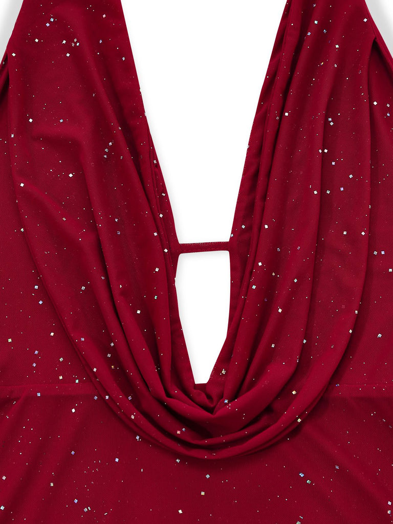 1980s Backless Cowl Glitter Halter Slit Maxi Dress - vintage dress, retro fashion