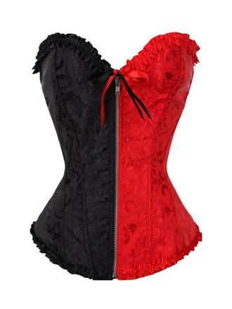 Black & Red 1980s Gothic Colorblock Jacquard Ruffled Corset - vintage fashion, retro style, classic black
