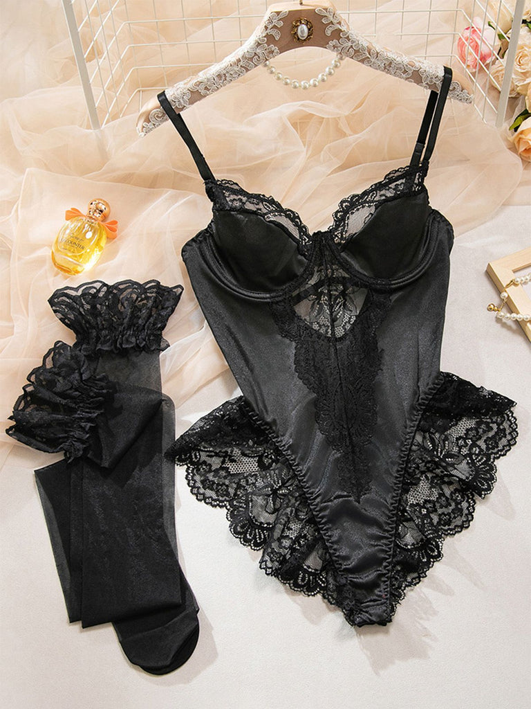 Black 1980s Slip Satin Lace Underwire Lingerie With Stockings - vintage fashion, retro style, classic black