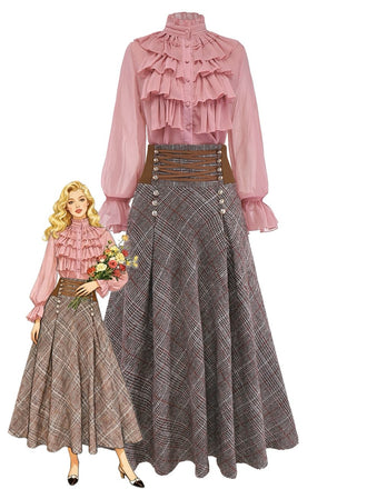 2PCS 1980s Chiffon Ruffled High-Neck Blouse &  Lace-Up Plaid Skirt - vintage skirt, retro style