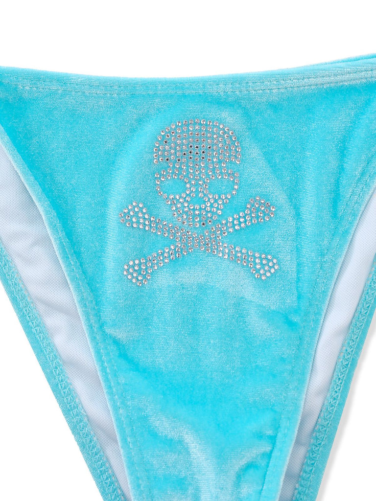 Blue 1980s Velvet Rhinestone Skull Print Bikini Set - vintage fashion, retro style
