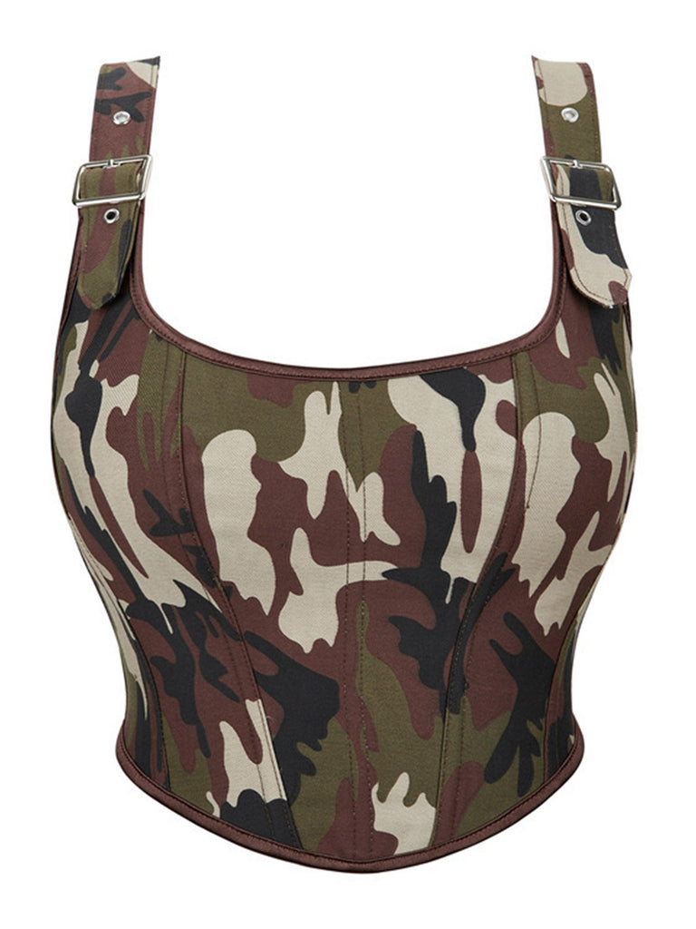 1980s Camouflage Lace Up Buckled Corset Top - vintage fashion, retro style