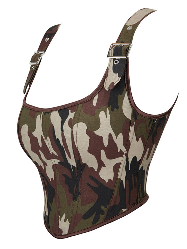 1980s Camouflage Lace Up Buckled Corset Top - vintage fashion, retro style