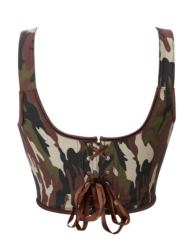 1980s Camouflage Lace Up Buckled Corset Top - vintage fashion, retro style