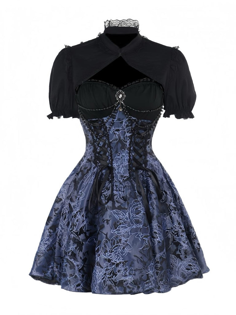 2PCS Black & Blue 1980s Gothic Cape Cardigan & Floral Embroidered Dress - vintage dress, retro fashion, classic black