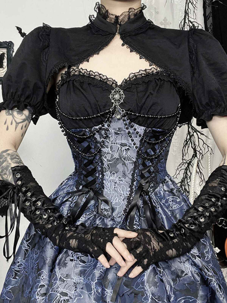 2PCS Black & Blue 1980s Gothic Cape Cardigan & Floral Embroidered Dress - vintage dress, retro fashion, classic black
