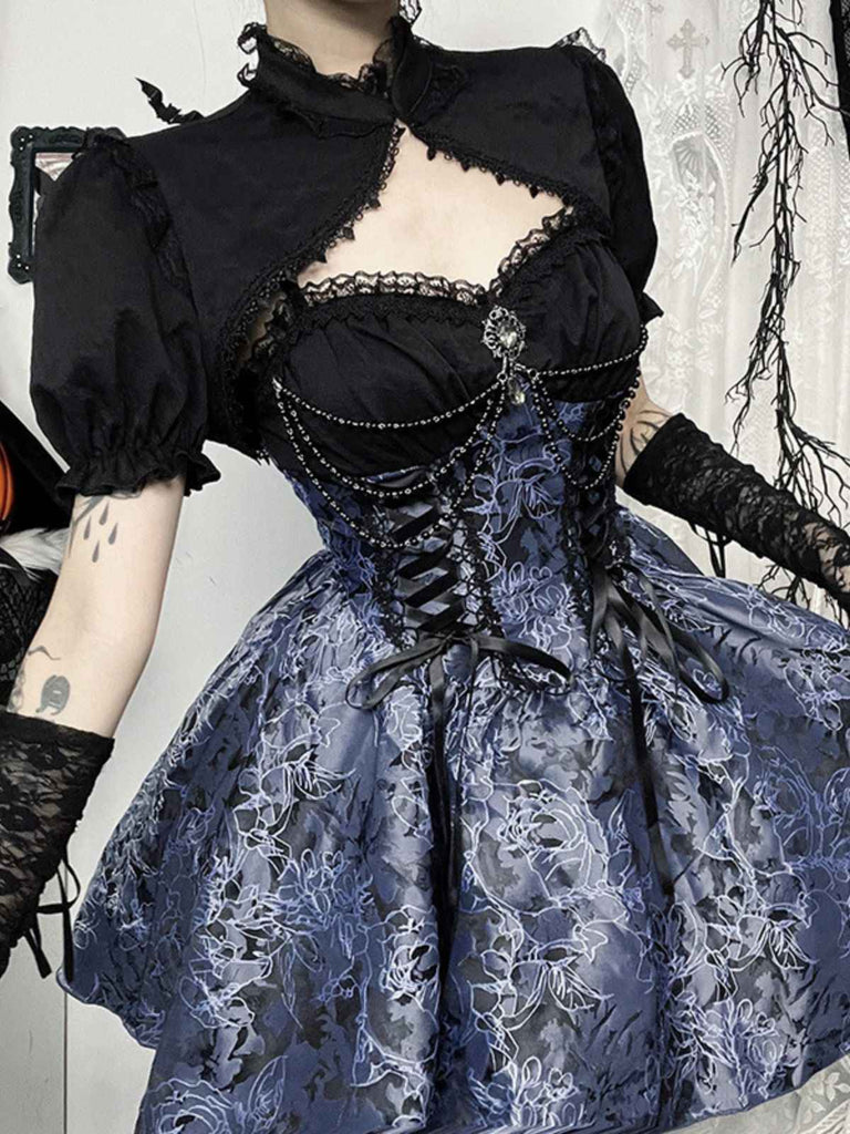 2PCS Black & Blue 1980s Gothic Cape Cardigan & Floral Embroidered Dress - vintage dress, retro fashion, classic black