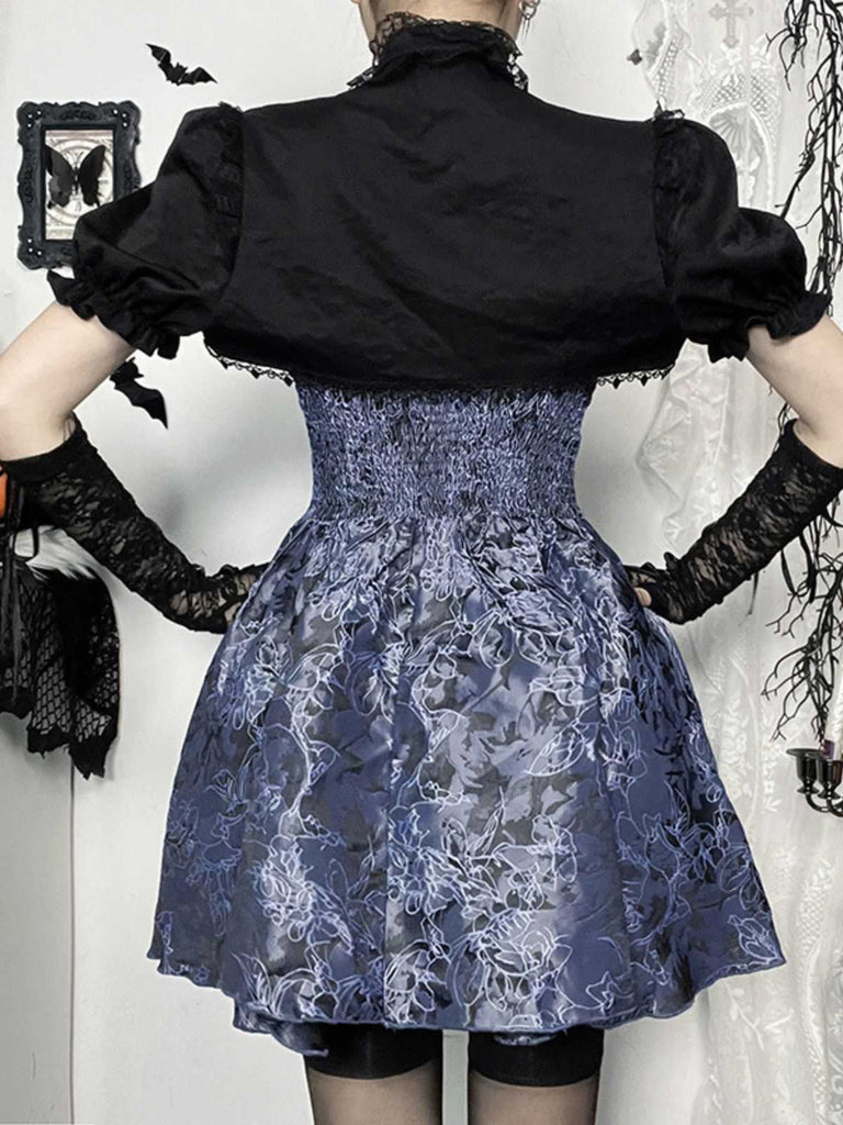 2PCS Black & Blue 1980s Gothic Cape Cardigan & Floral Embroidered Dress - vintage dress, retro fashion, classic black