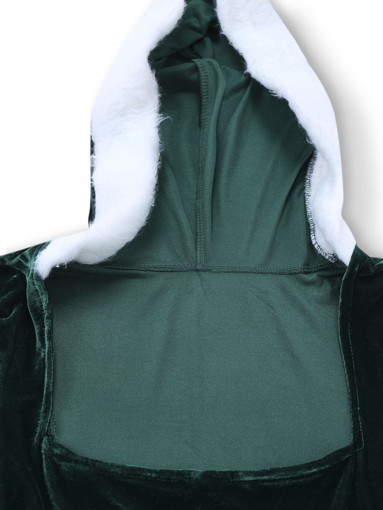 1980s Christmas Fur Trim Hooded Velvet Dress - vintage dress, retro fashion