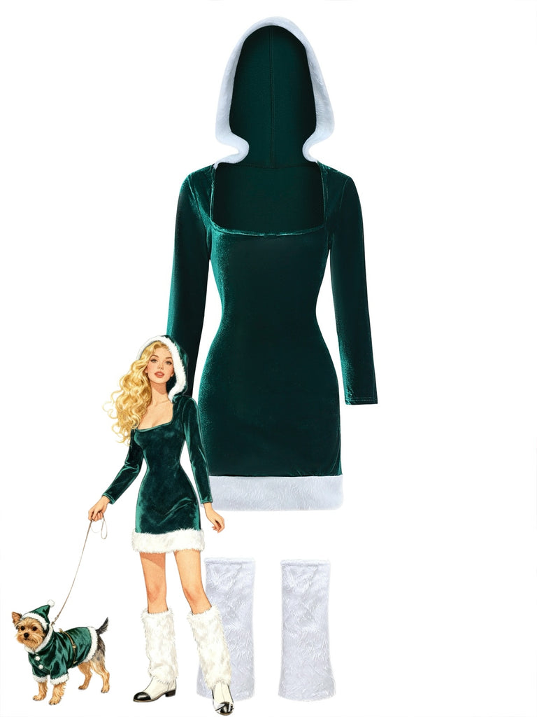 1980s Christmas Fur Trim Hooded Velvet Dress - vintage dress, retro fashion