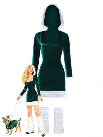1980s Christmas Fur Trim Hooded Velvet Dress - vintage dress, retro fashion