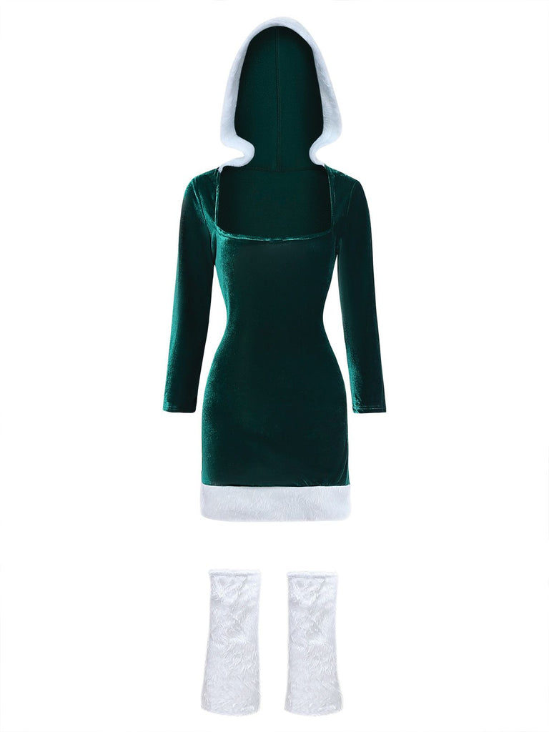 1980s Christmas Fur Trim Hooded Velvet Dress - vintage dress, retro fashion