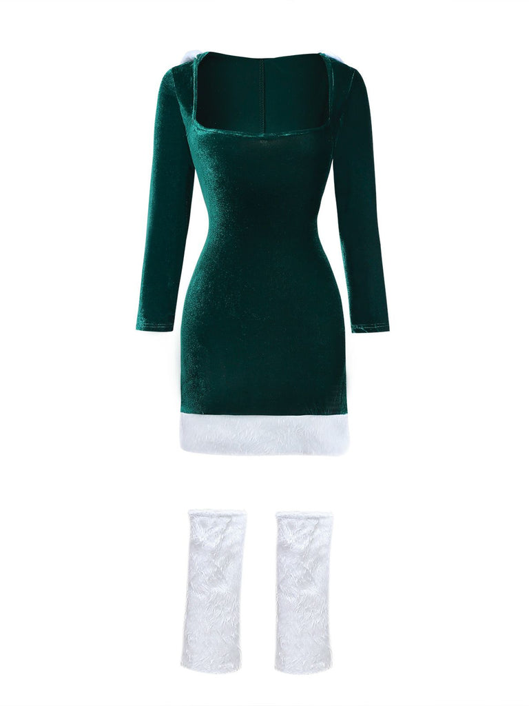1980s Christmas Fur Trim Hooded Velvet Dress - vintage dress, retro fashion