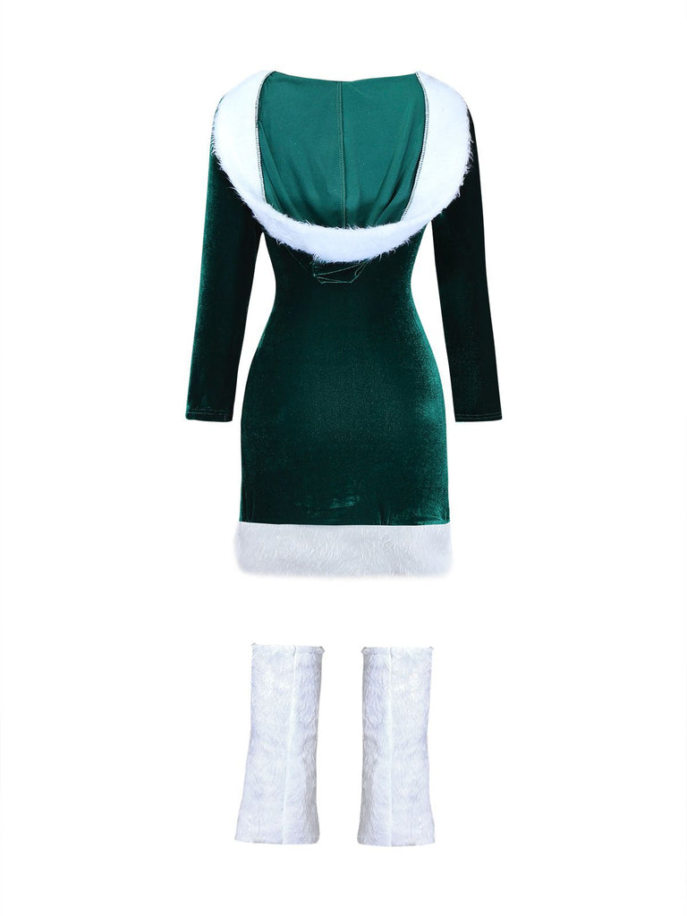 1980s Christmas Fur Trim Hooded Velvet Dress - vintage dress, retro fashion