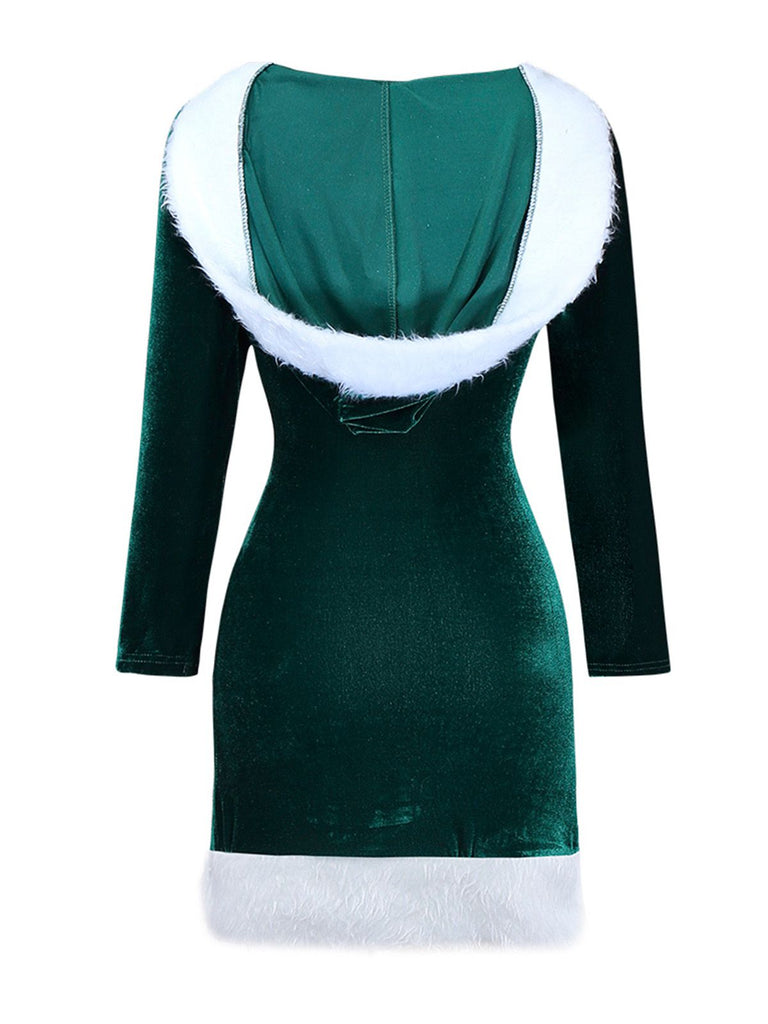 1980s Christmas Fur Trim Hooded Velvet Dress - vintage dress, retro fashion