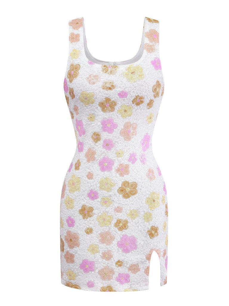 1980s Colorful Floral Sequined Slit Bodycon Dress - vintage dress, retro fashion